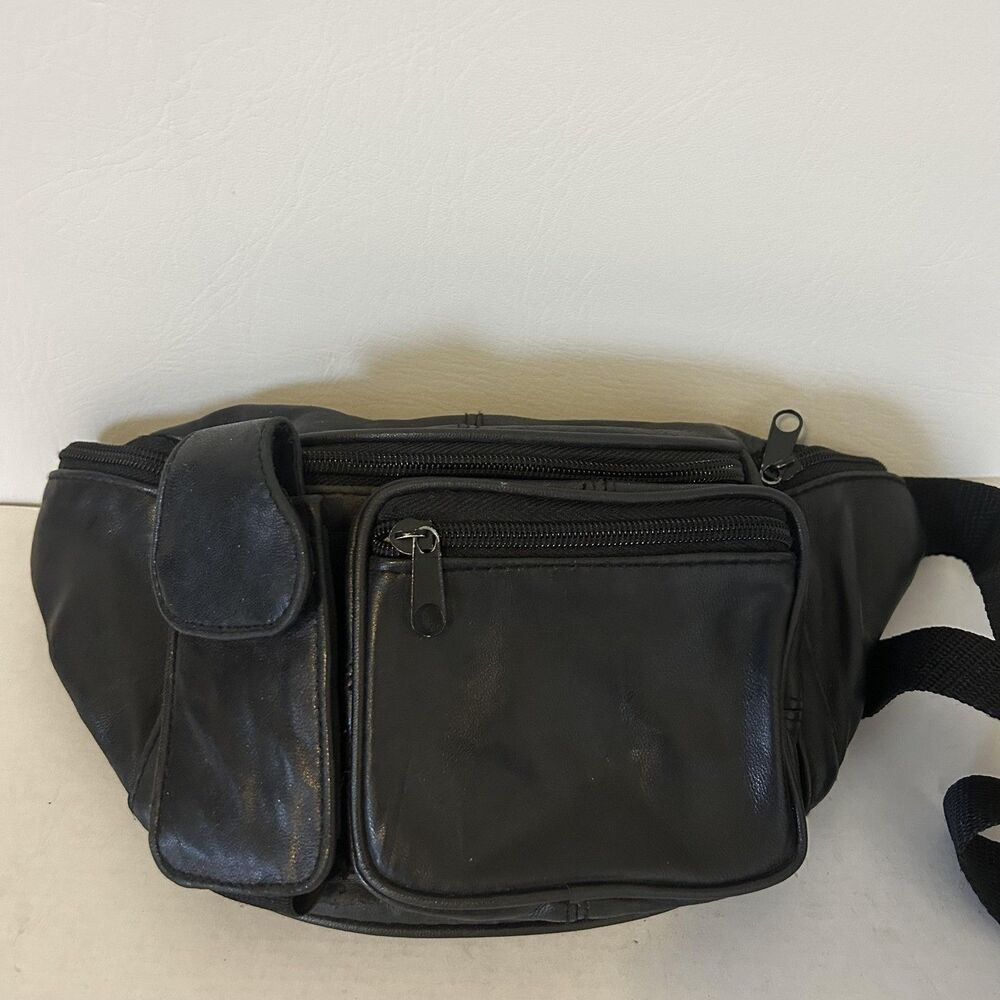 Leather Fanny Pack Belt Bag Medium Black leather Travel Waist Multi Zip Pocket